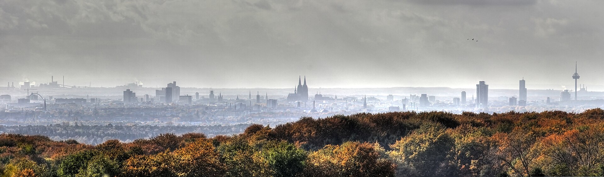 Kölner Skyline am Rhein bei Regenwetter, Dom im Zentrum